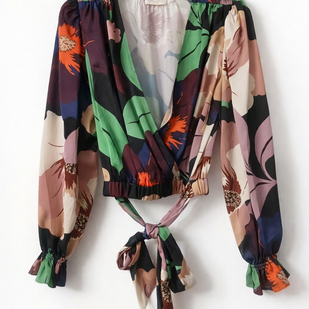 Ramy Brook Gabrielle Surplice Satin Floral Wrap Blouse - Picture 4 of 6